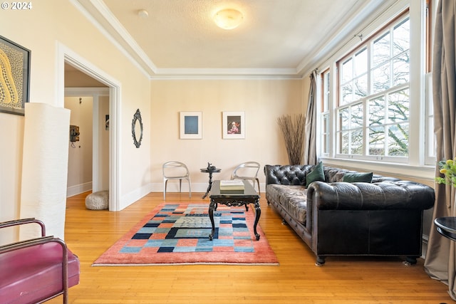 living room featuring a textured ceiling, crown molding, and light hardwood / wood-style flooring