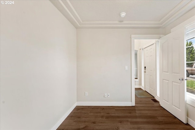 spare room featuring a tray ceiling and dark hardwood / wood-style floors