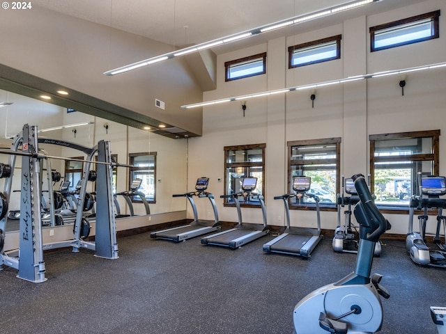 workout area featuring a high ceiling