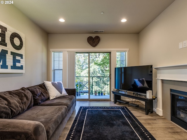 living room featuring a fireplace and light hardwood / wood-style floors