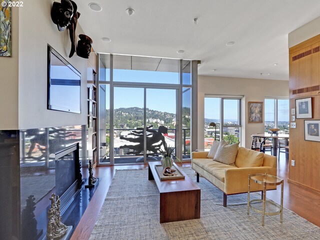 living room with a high end fireplace, a mountain view, hardwood / wood-style flooring, and expansive windows