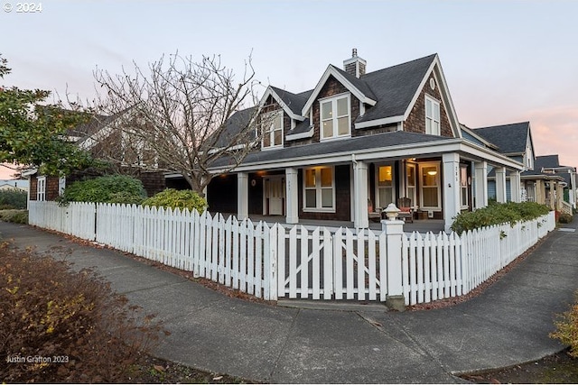 285 23rd St, Astoria, OR 97103 - view of front of house with a porch, a fenced front yard, a shingled roof, and a chimney