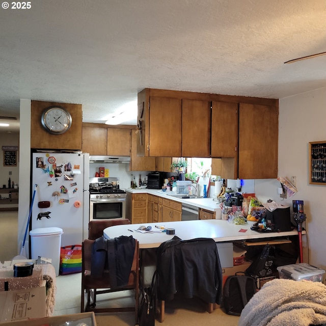 kitchen with under cabinet range hood, a textured ceiling, stainless steel appliances, brown cabinetry, and light countertops