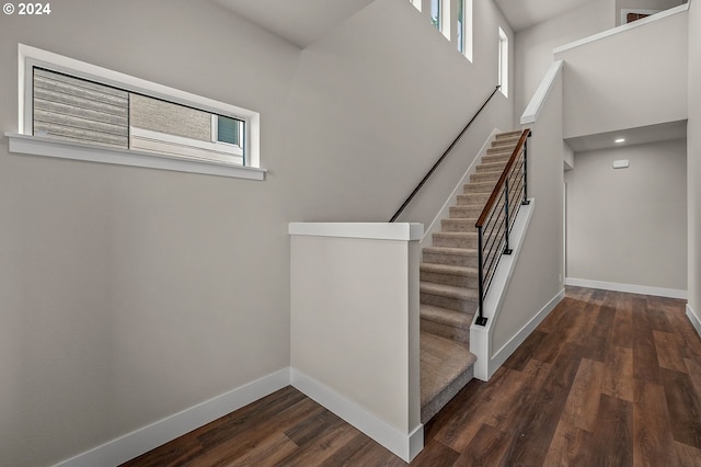 staircase with wood-type flooring and a wealth of natural light