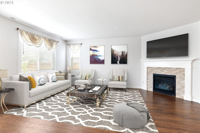 living room with a fireplace and hardwood / wood-style floors