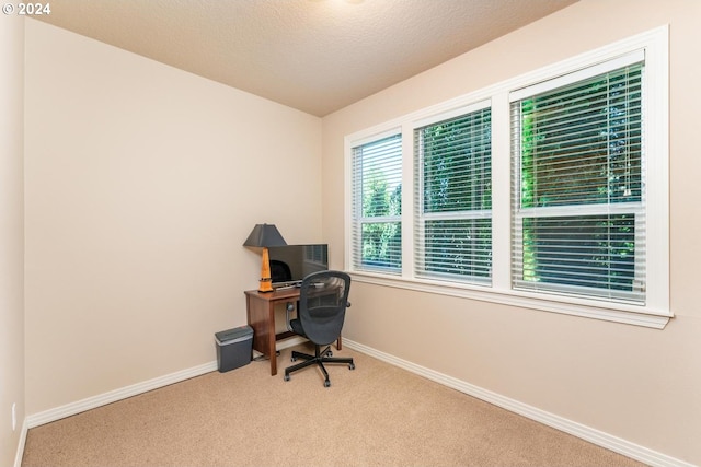 home office with carpet, a textured ceiling, and baseboards