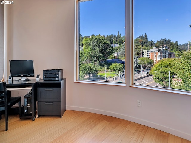 office space with plenty of natural light and light wood-type flooring