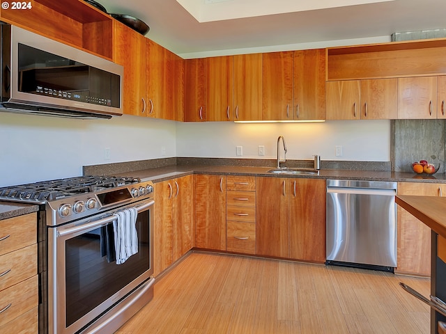 kitchen featuring light wood-type flooring, stainless steel appliances, and sink