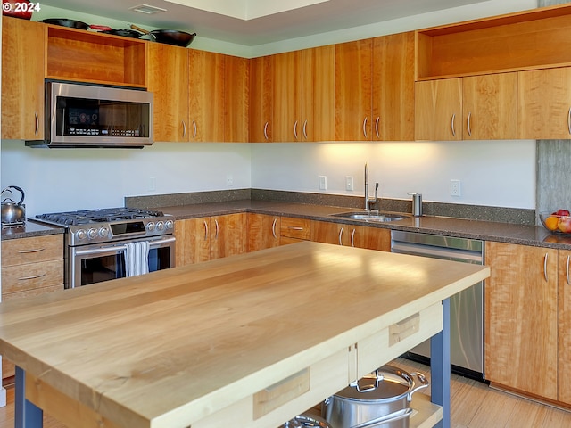 kitchen featuring stainless steel appliances, light hardwood / wood-style floors, butcher block counters, and sink