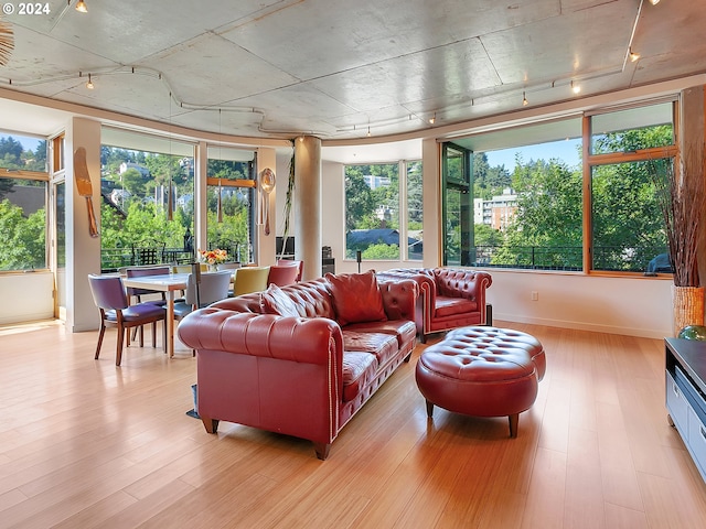 sunroom featuring rail lighting