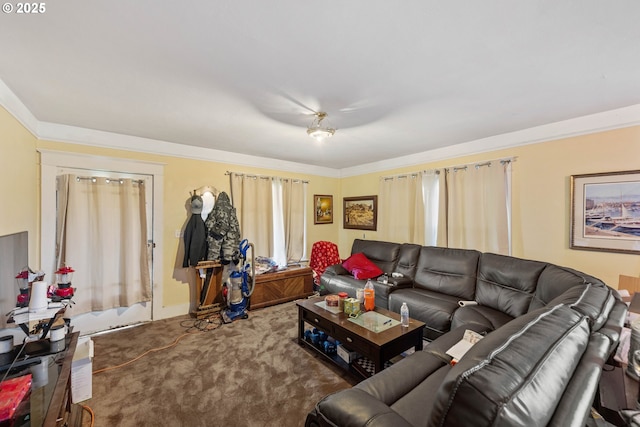 living room with crown molding and carpet flooring