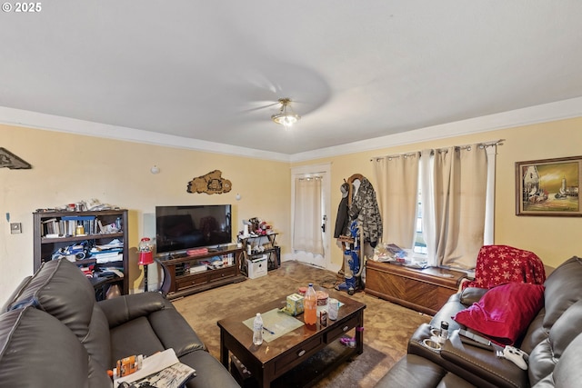 carpeted living room featuring ornamental molding