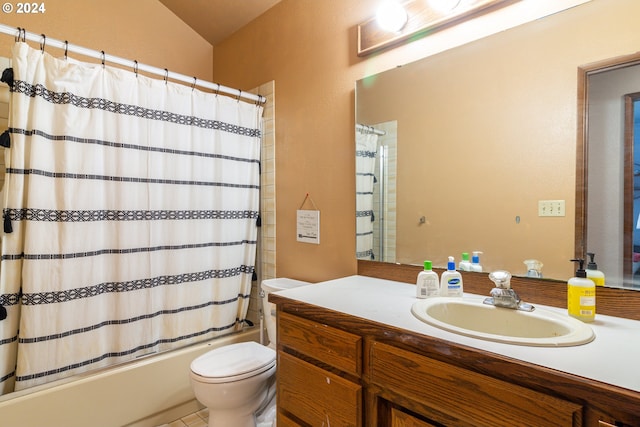 full bathroom featuring vanity, shower / tub combo, toilet, and tile patterned floors