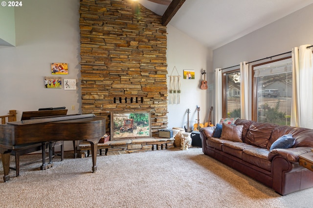 living room featuring high vaulted ceiling, carpet, and beamed ceiling