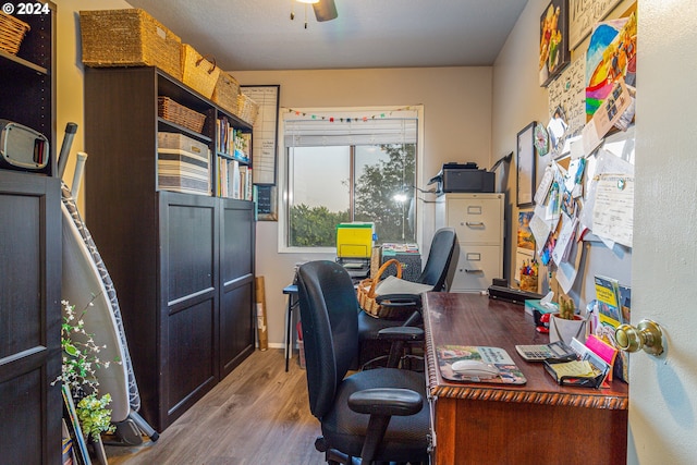 office area featuring light hardwood / wood-style flooring and ceiling fan