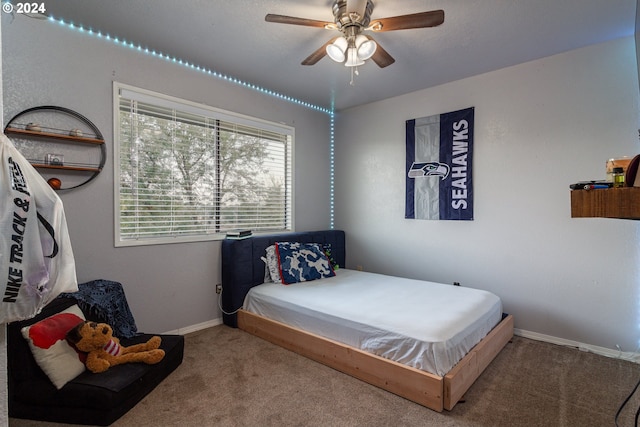 bedroom featuring carpet flooring and ceiling fan