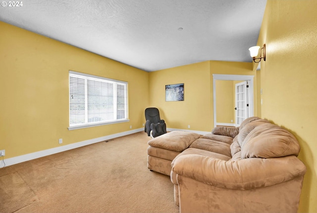 carpeted living room featuring a textured ceiling