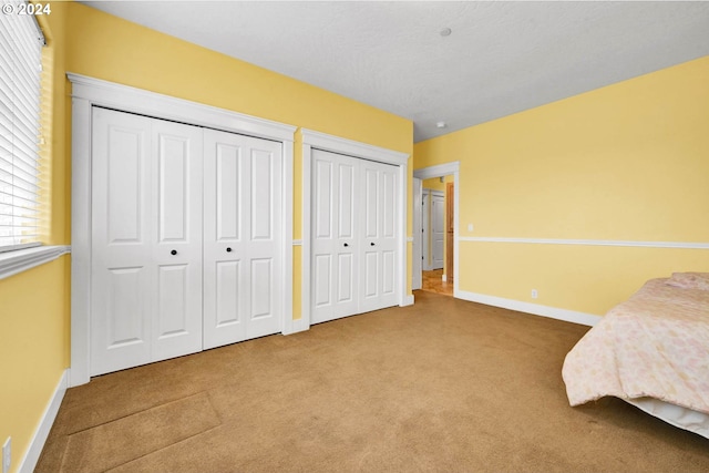 bedroom featuring two closets and carpet floors