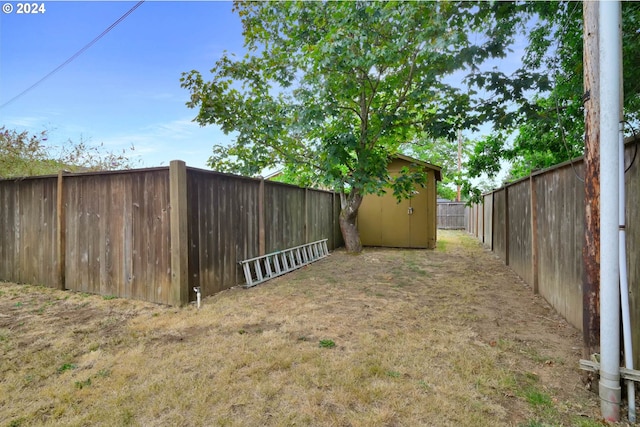 view of yard featuring a storage unit