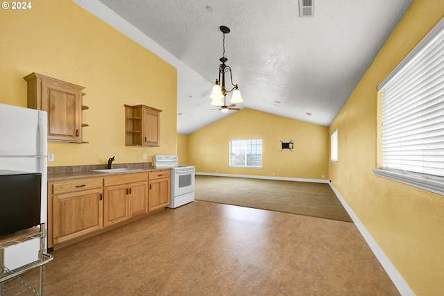 kitchen featuring white electric range, lofted ceiling, sink, hanging light fixtures, and a textured ceiling