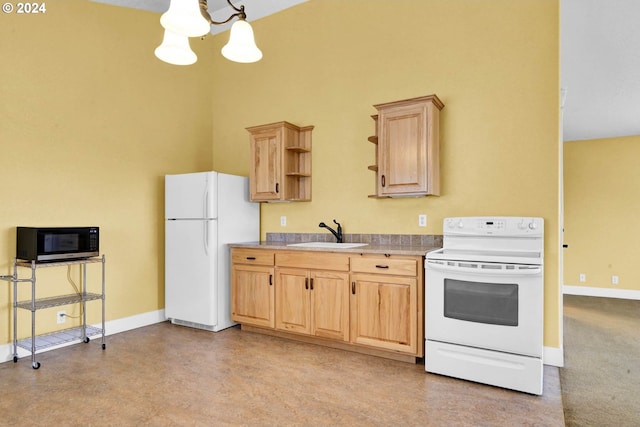 kitchen with sink, hanging light fixtures, light brown cabinets, a notable chandelier, and white appliances