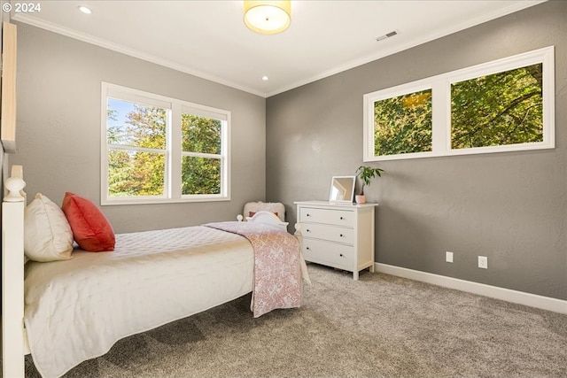 bedroom featuring light carpet and ornamental molding