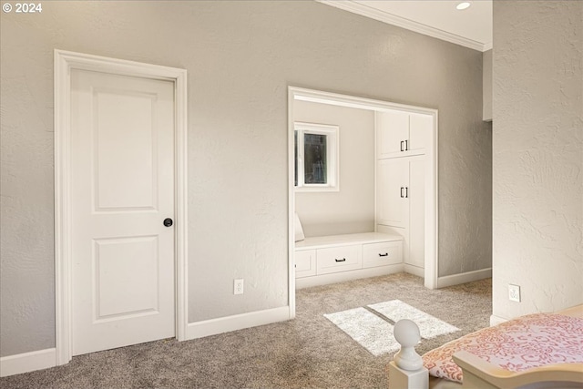 unfurnished bedroom with crown molding and light carpet