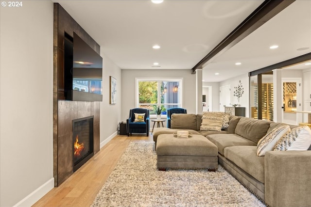 living room with light wood-type flooring and a fireplace