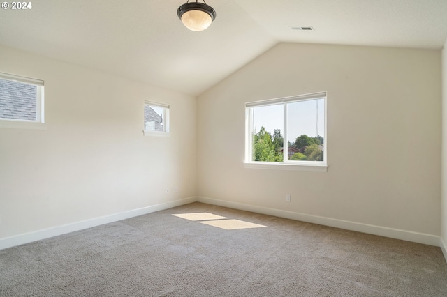 spare room with carpet floors and lofted ceiling