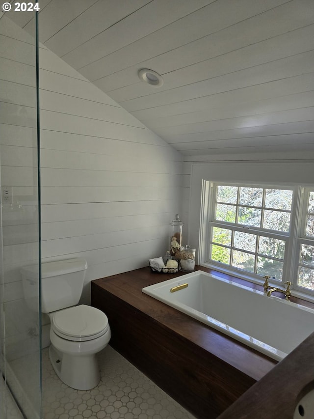 bathroom featuring tile patterned floors, toilet, vaulted ceiling, and wooden ceiling