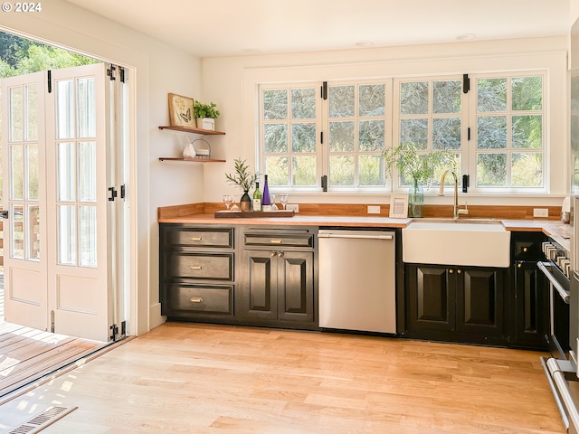 kitchen featuring dishwasher, sink, and light hardwood / wood-style flooring