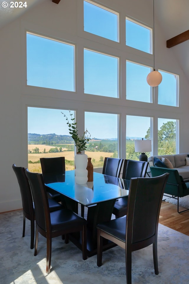 dining area with a towering ceiling, a mountain view, and light wood-type flooring