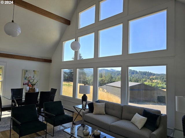 living room featuring wood-type flooring, beam ceiling, and high vaulted ceiling