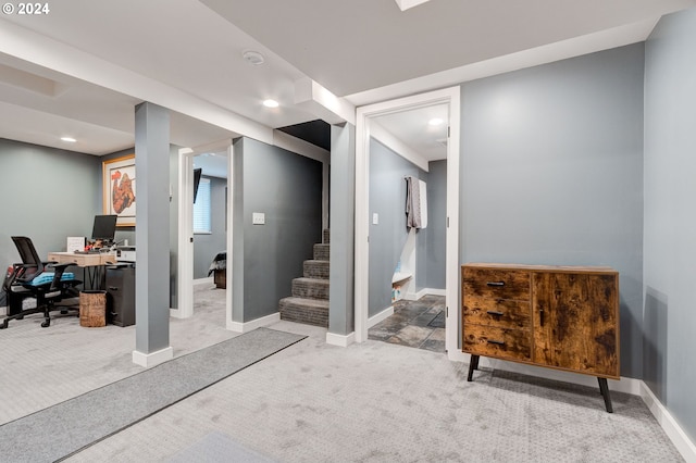 4310 NE 33rd Ave, Portland, OR 97211 - finished basement featuring carpet, a desk, baseboards, stairway, and recessed lighting