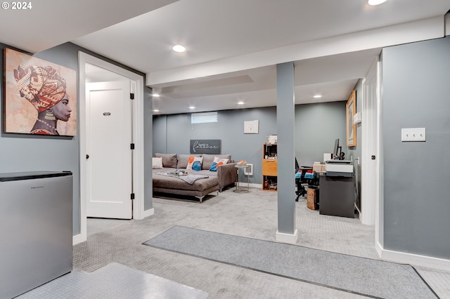 4310 NE 33rd Ave, Portland, OR 97211 - bedroom with carpet floors, baseboards, stainless steel refrigerator, recessed lighting, and a desk