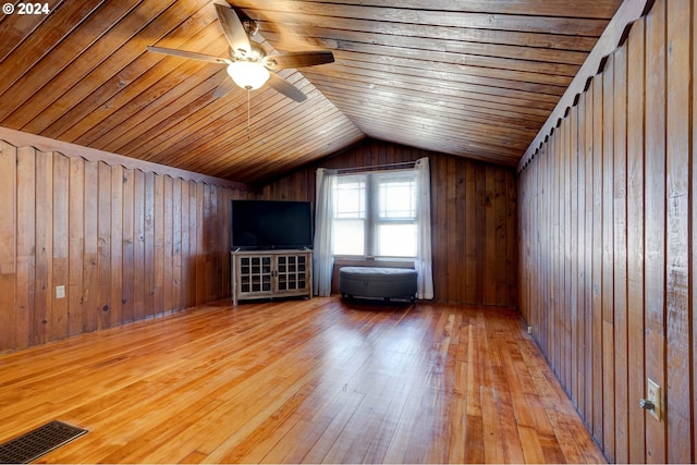 additional living space featuring light hardwood / wood-style floors, wood ceiling, wood walls, and vaulted ceiling