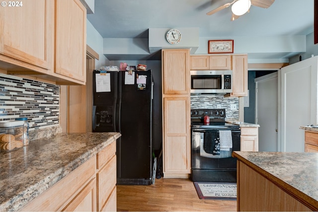 kitchen with backsplash, black appliances, light wood-type flooring, light brown cabinetry, and ceiling fan