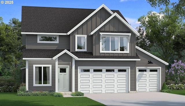 view of front of house with driveway, roof with shingles, board and batten siding, an attached garage, and a front yard