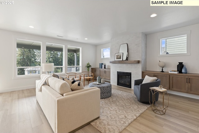 living room featuring a large fireplace and light hardwood / wood-style flooring