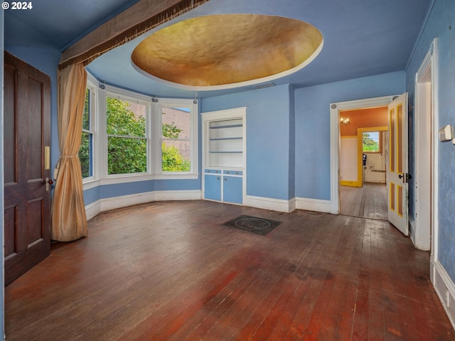 interior space with dark wood-type flooring and a raised ceiling