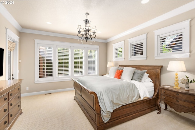 bedroom with a notable chandelier, ornamental molding, and light carpet