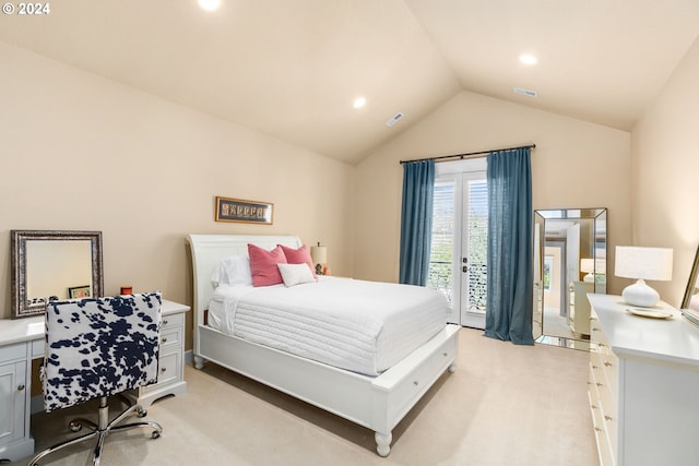 carpeted bedroom with access to outside and vaulted ceiling