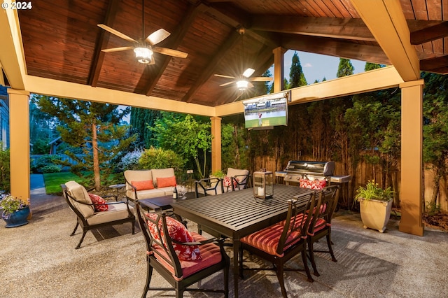 view of patio featuring a gazebo, an outdoor living space, ceiling fan, and grilling area