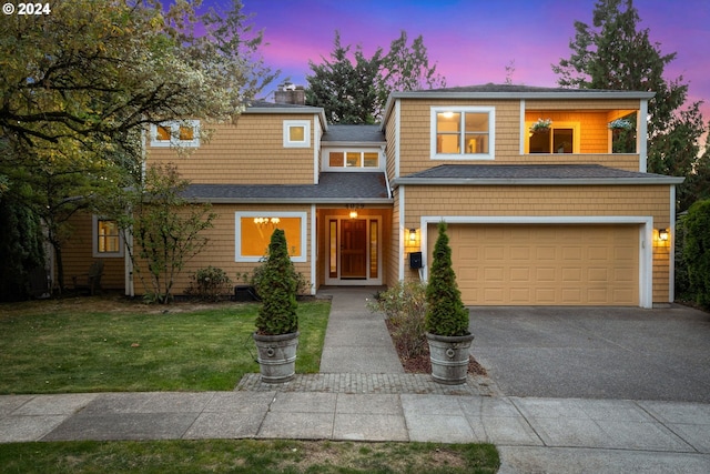 view of front of property featuring a garage and a lawn