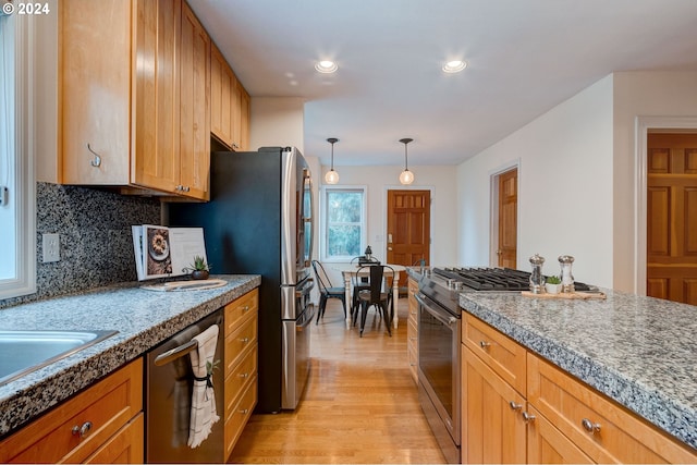 kitchen with stainless steel appliances, tasteful backsplash, light hardwood / wood-style flooring, and hanging light fixtures