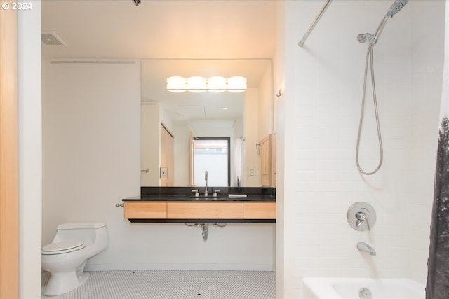 full bathroom featuring oversized vanity, shower / tub combo, toilet, and tile flooring