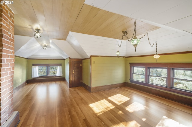 bonus room with light wood-type flooring, wooden ceiling, lofted ceiling, and wood walls