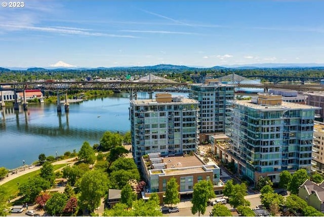 bird's eye view with a water view