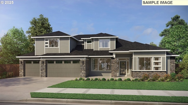 view of front of house featuring a front yard, concrete driveway, brick siding, board and batten siding, and a shingled roof