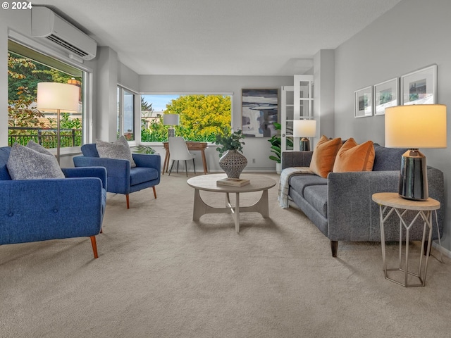 living room with light colored carpet and an AC wall unit